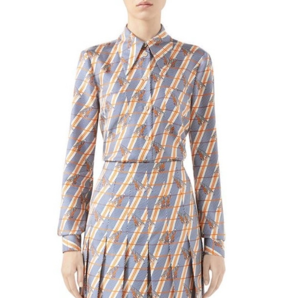 Gucci Silk Heritage Giraffe Twill Long Sleeve Button Up Blouse Italy Size 40